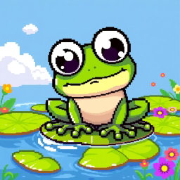 A cute, pixel art frog with big, expressive eyes and a cheeky smile