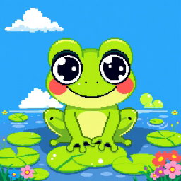 A cute, pixel art frog with big, expressive eyes and a cheeky smile