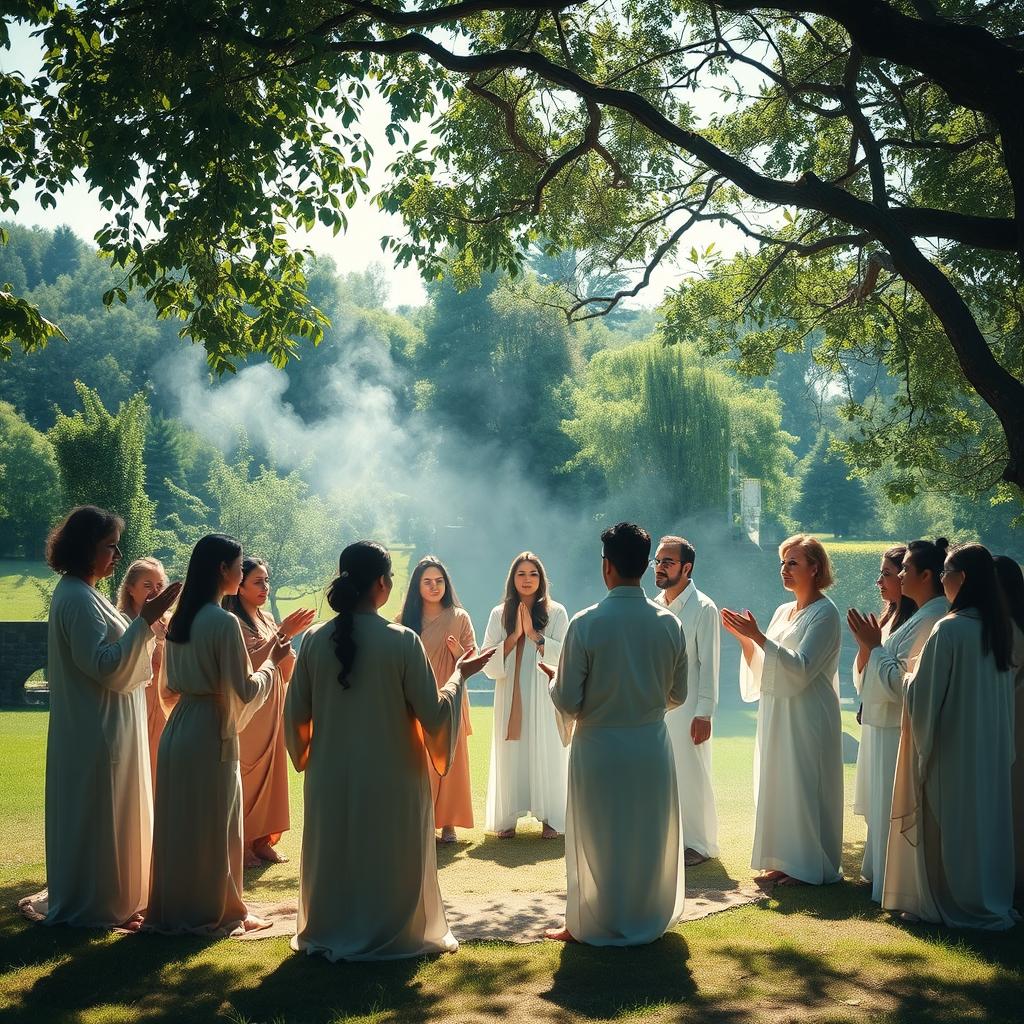 An ethereal scene capturing a diverse group of people in a serene outdoor setting, engaged in a peaceful worship ceremony