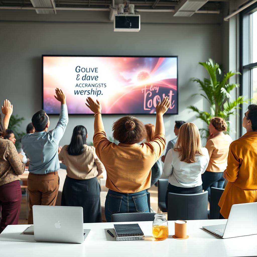 A modern corporate worship environment featuring a multi-ethnic group of professionals gathered in a stylish, spacious office space