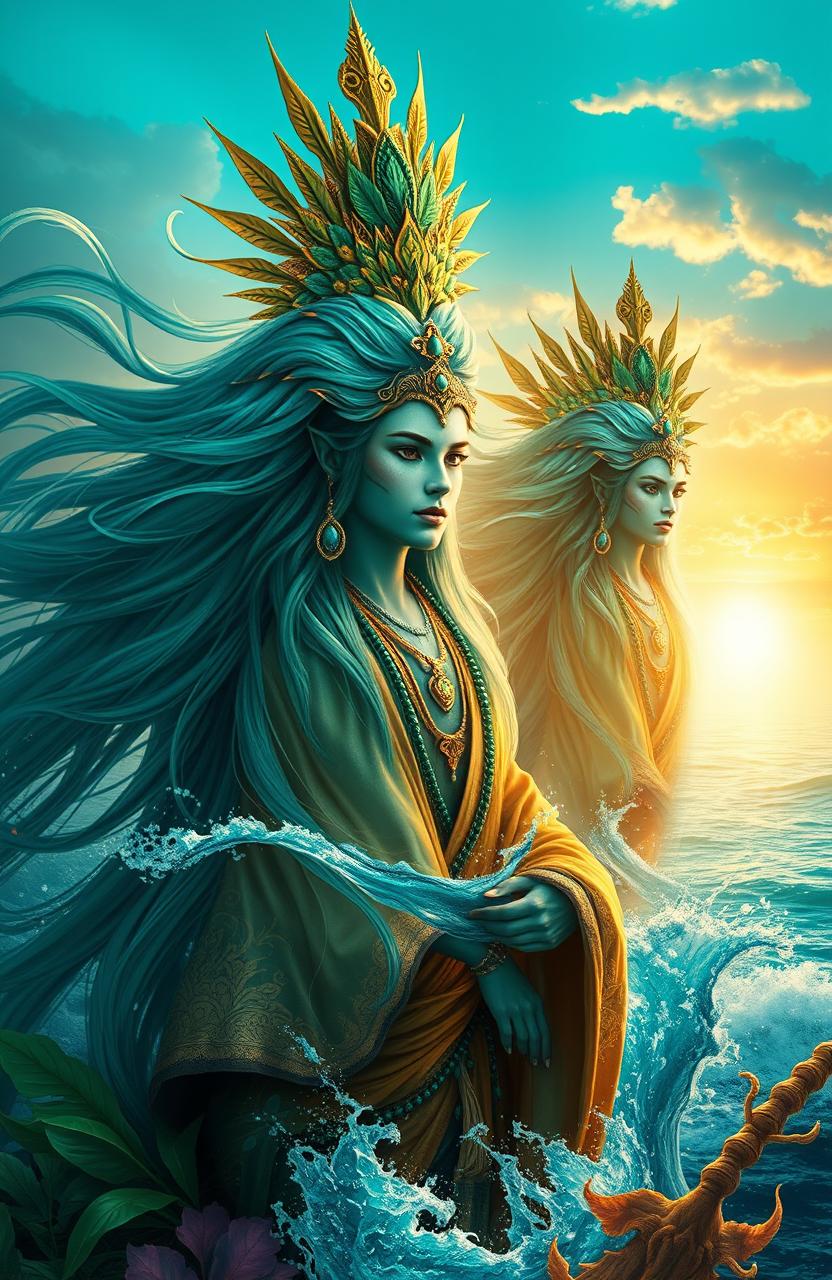 A mystical depiction of Nyi Roro Kidul, the Indonesian goddess of the South Sea, fused with her son, a character of modern myth named Kadita