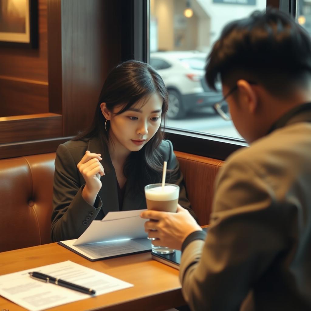 A 28-year-old Korean woman sitting at a cozy corner table in a cafe, her expression focused as she stares at a contract in front of her