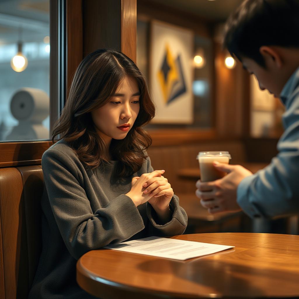 A 28-year-old Korean woman with shoulder-length wavy brown hair sitting at a cozy corner table in a cafe, her expression intent as she stares at a contract in front of her