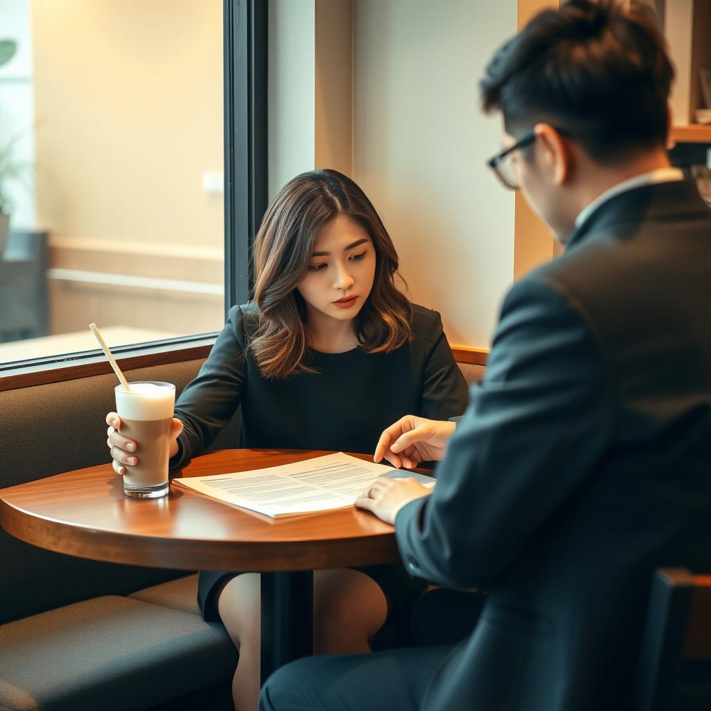 A cozy coffee shop scene featuring a 28-year-old Korean woman sitting at a corner table