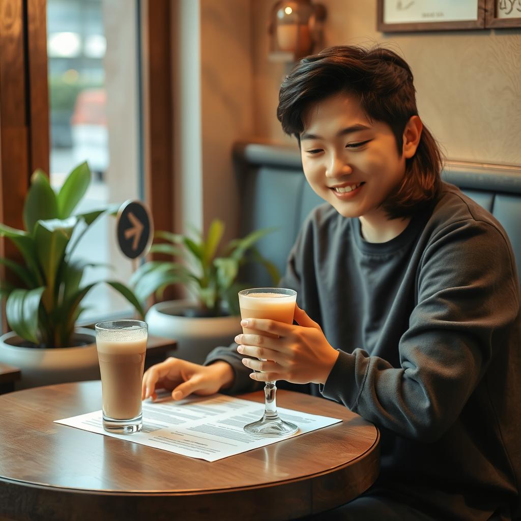 A 28-year-old Korean girl with shoulder-length wavy brown hair sits at a cozy corner table in a quaint café, deeply focused on a contract laid out before her