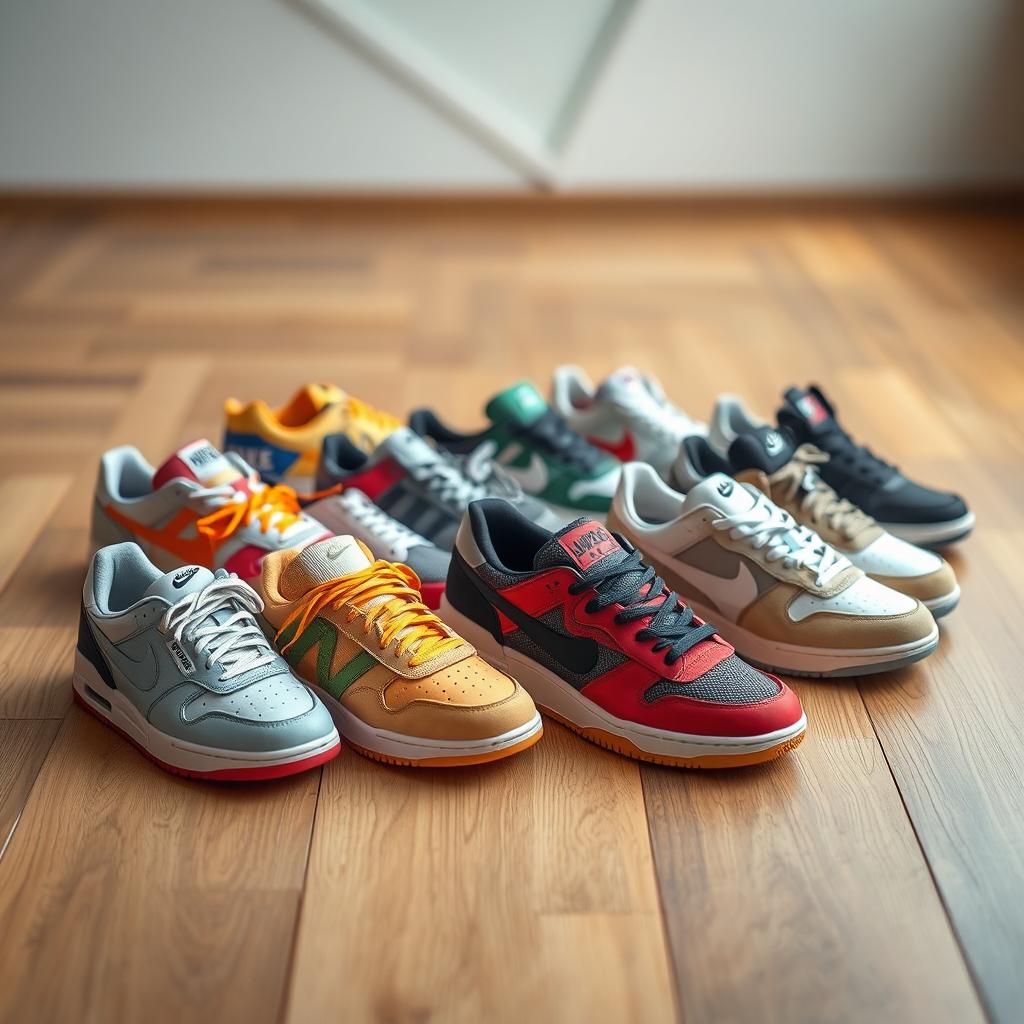 A stylish display of a variety of modern sneakers arranged on a wooden floor