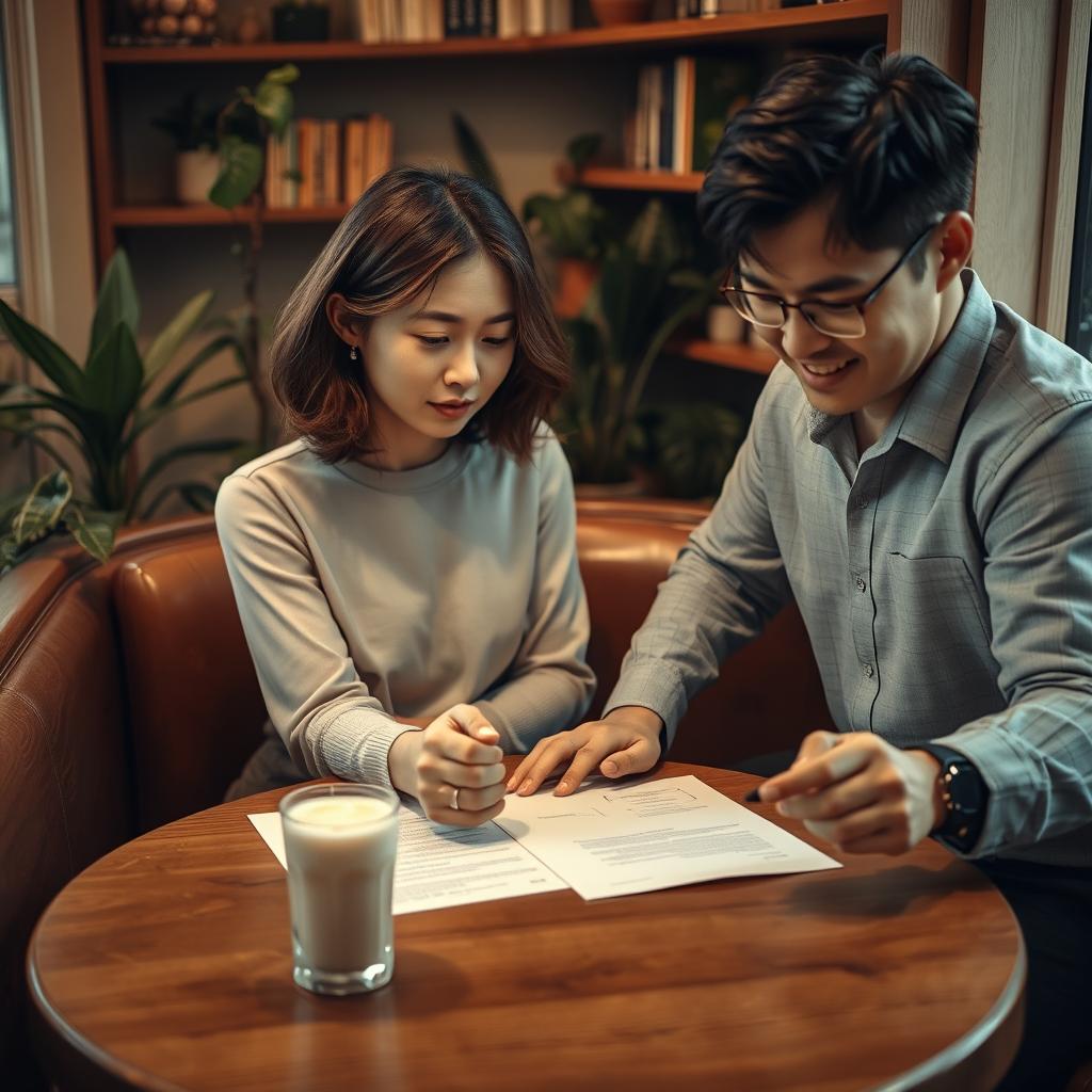 A 28-year-old Korean woman with shoulder-length wavy brown hair sits at a cozy corner table, her expression pensive as she stares at a contract laid out in front of her