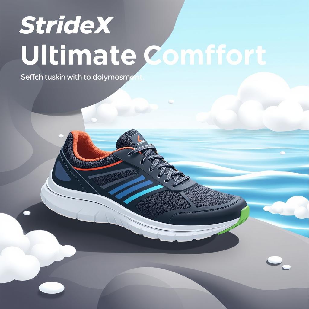An illustrative image of StrideX running shoes designed for ultimate comfort, displayed prominently on a serene backdrop