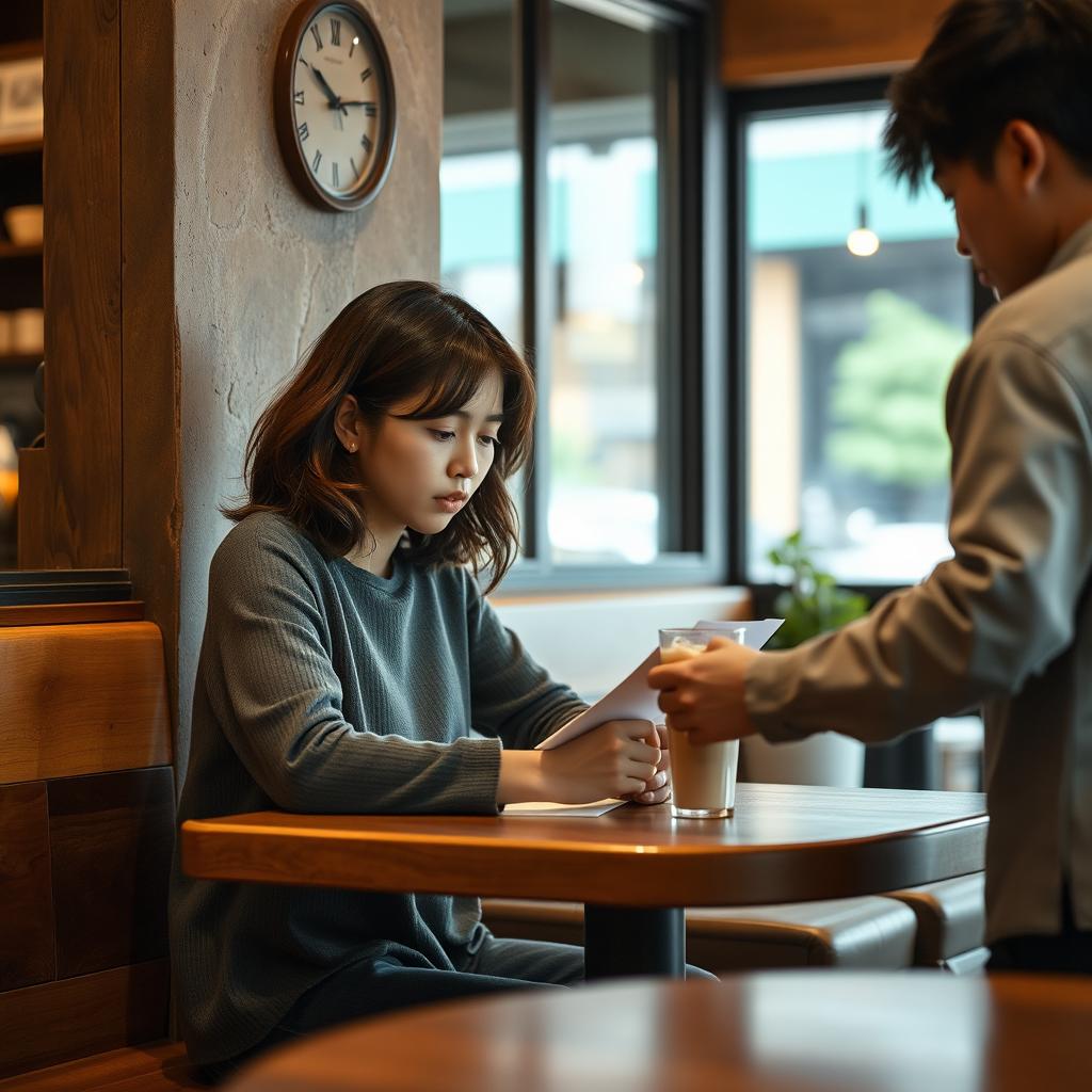 A cozy coffee shop interior featuring a young Korean woman, age 28, with shoulder-length wavy brown hair