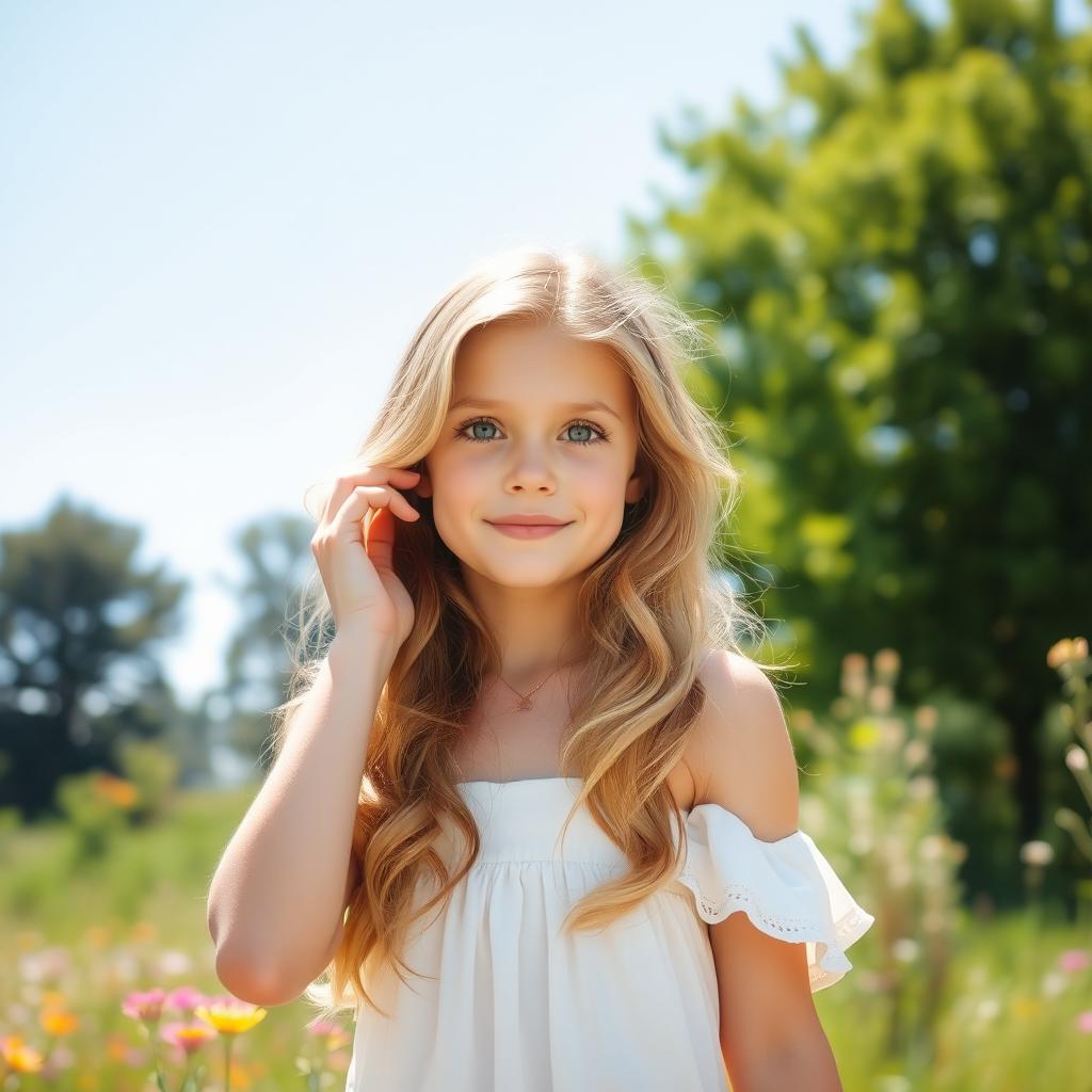 A beautiful girl in a serene outdoor setting, gently touching her long, flowing hair with her left hand