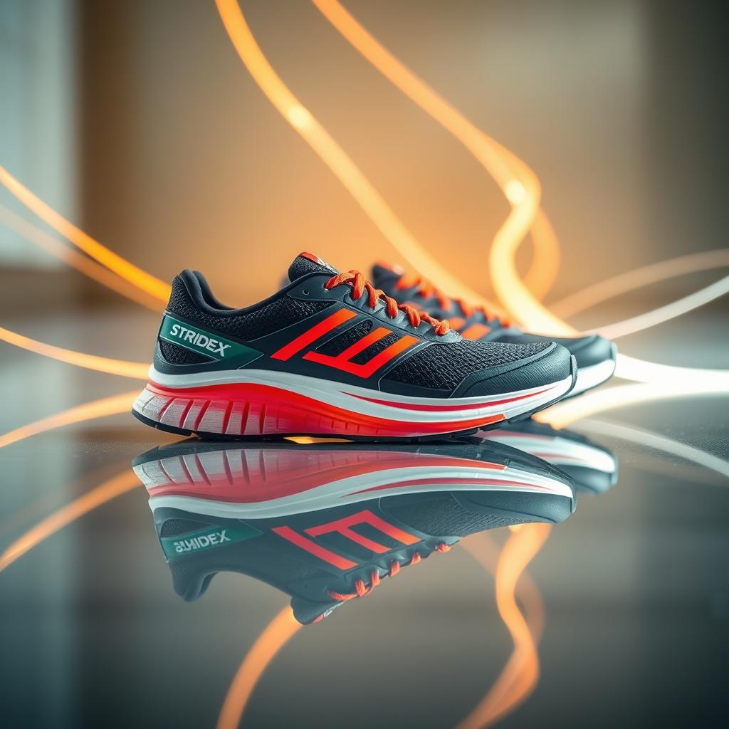 A visually appealing image of StrideX branded running shoes on a smooth, reflective surface