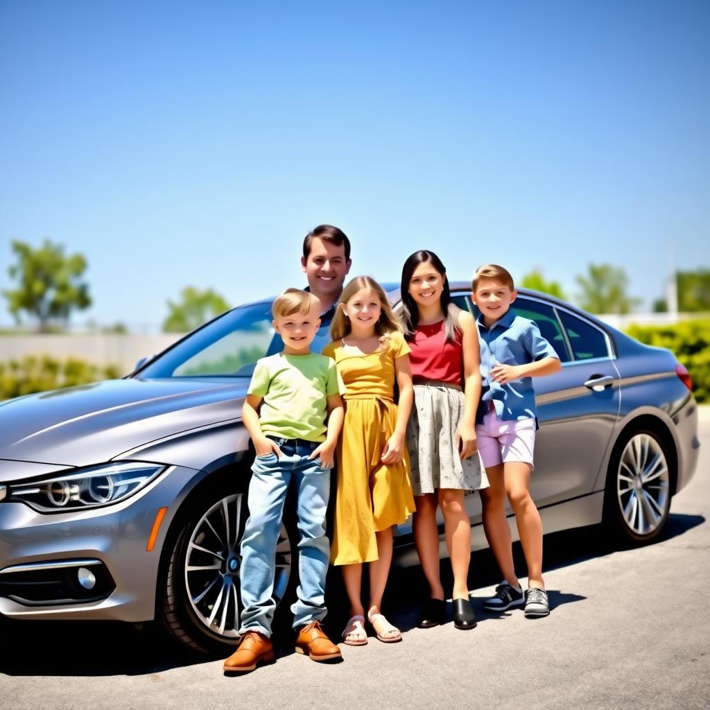 A joyful family portrait featuring a man, a woman, and two kids, smiling and posing in front of a sleek BMW 3 Series sedan