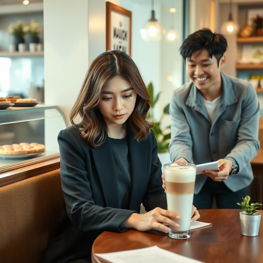 A scene in a cozy café featuring a 28-year-old Korean woman with shoulder-length wavy brown hair, sitting at a corner table
