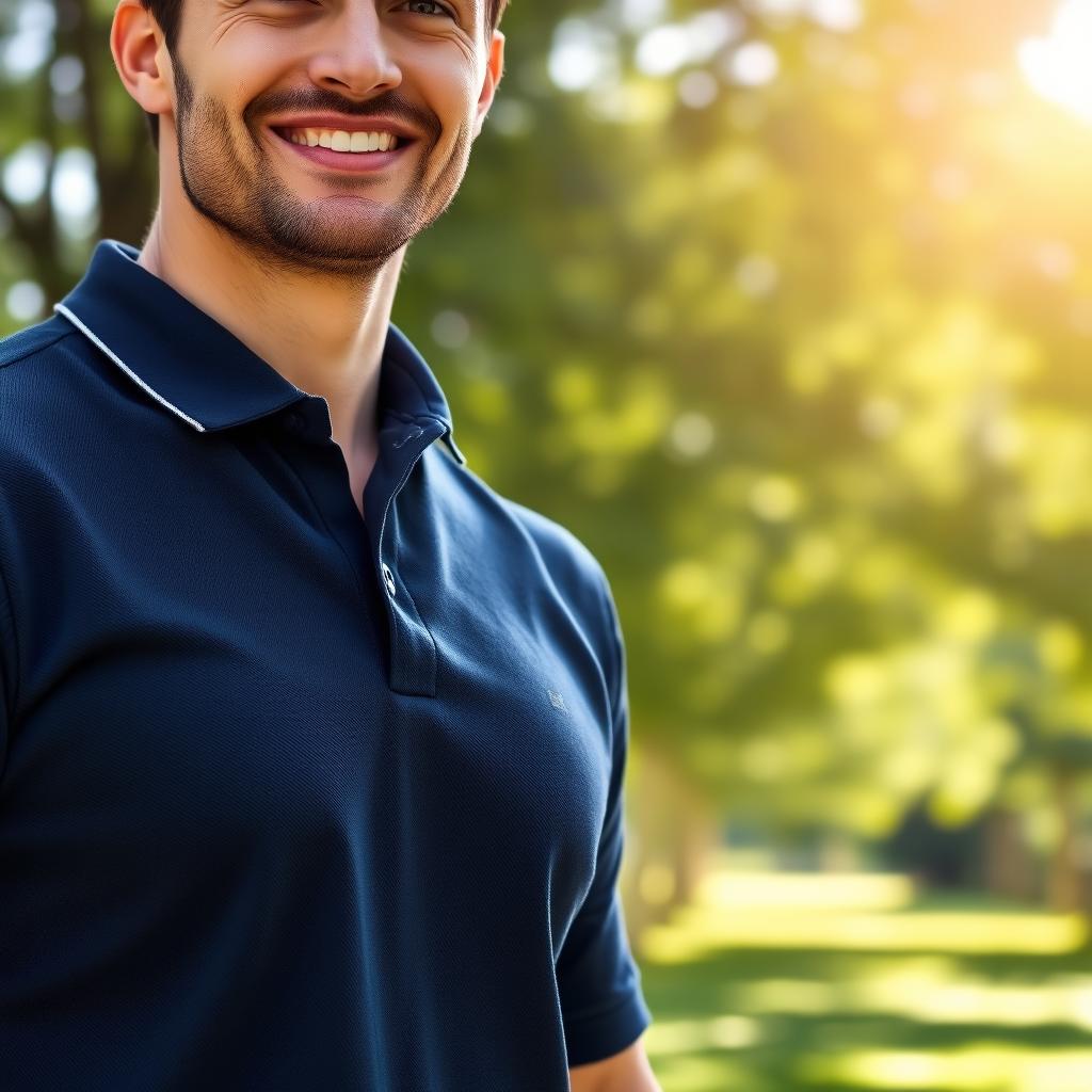 A stylish model wearing a classic polo shirt, captured in a sunlit outdoor setting