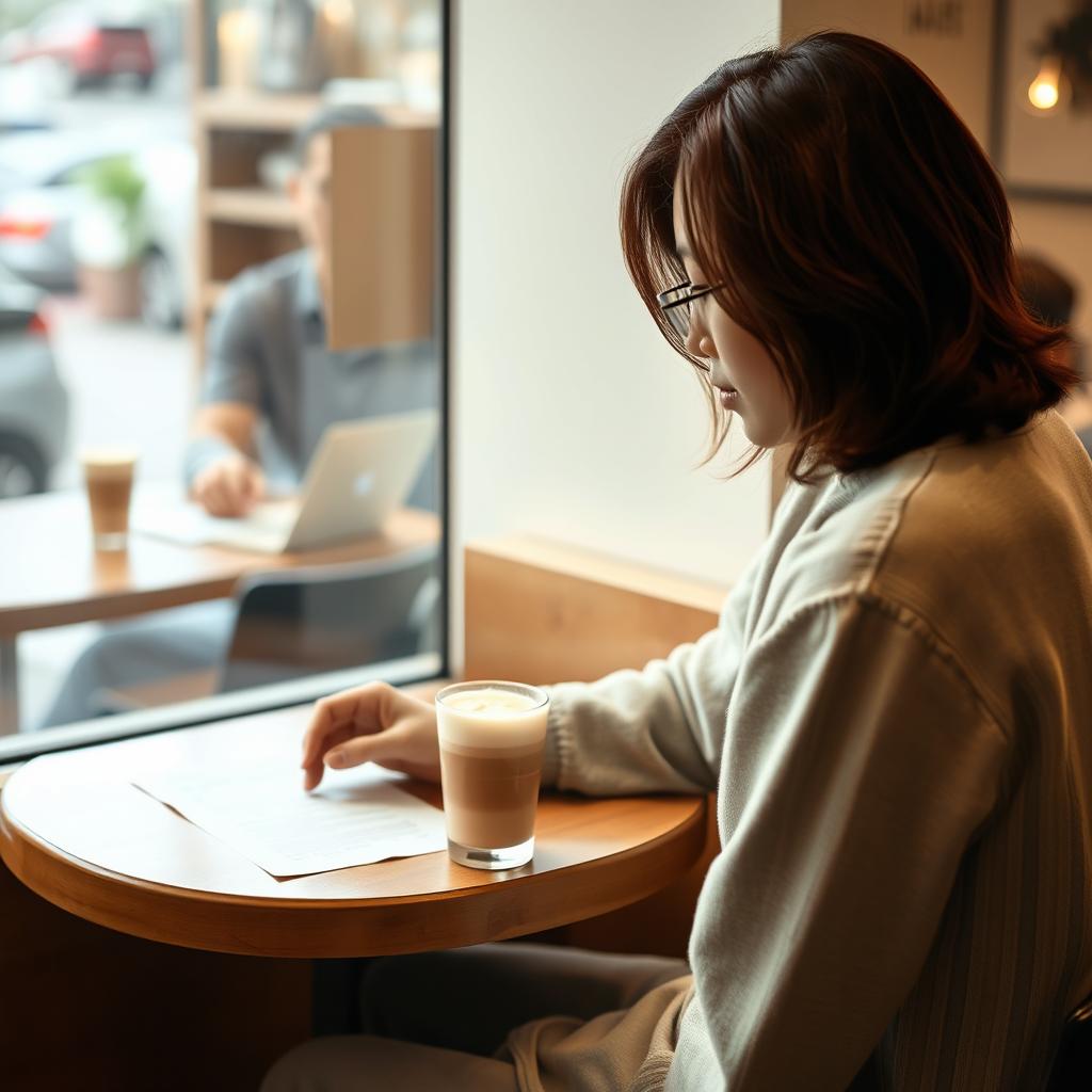 A serene and cozy cafe setting, featuring a 28-year-old Korean woman with shoulder-length wavy brown hair, sitting at a small corner table