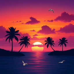 A beautiful sunset scene depicted in vibrant colors, transitioning from warm oranges and pinks to deep purples and blues, with silhouetted palm trees swaying gently in the breeze