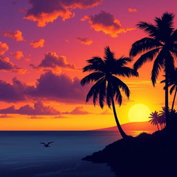 A beautiful sunset scene depicted in vibrant colors, transitioning from warm oranges and pinks to deep purples and blues, with silhouetted palm trees swaying gently in the breeze