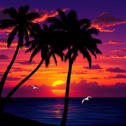 A beautiful sunset scene depicted in vibrant colors, transitioning from warm oranges and pinks to deep purples and blues, with silhouetted palm trees swaying gently in the breeze