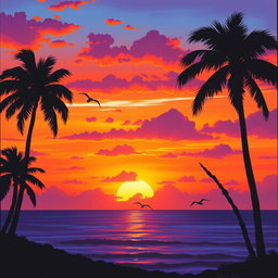 A beautiful sunset scene depicted in vibrant colors, transitioning from warm oranges and pinks to deep purples and blues, with silhouetted palm trees swaying gently in the breeze