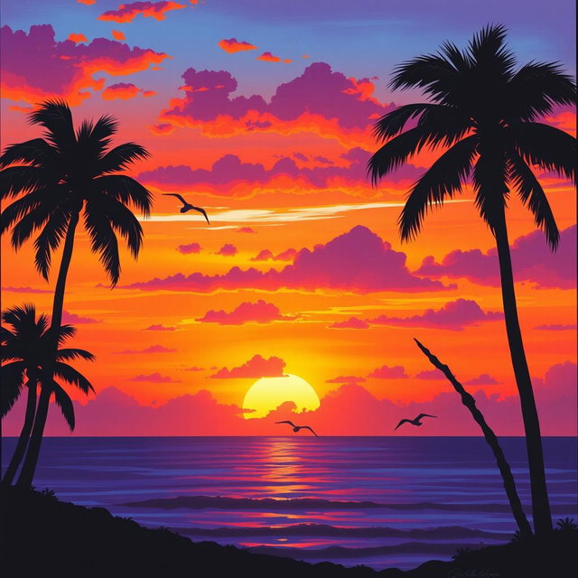 A beautiful sunset scene depicted in vibrant colors, transitioning from warm oranges and pinks to deep purples and blues, with silhouetted palm trees swaying gently in the breeze