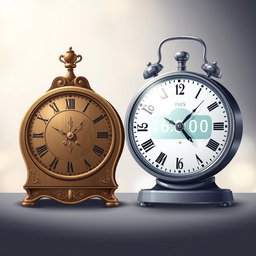 An artistic illustration featuring two vintage clocks side by side