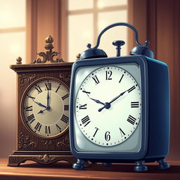 An artistic illustration featuring two vintage clocks side by side