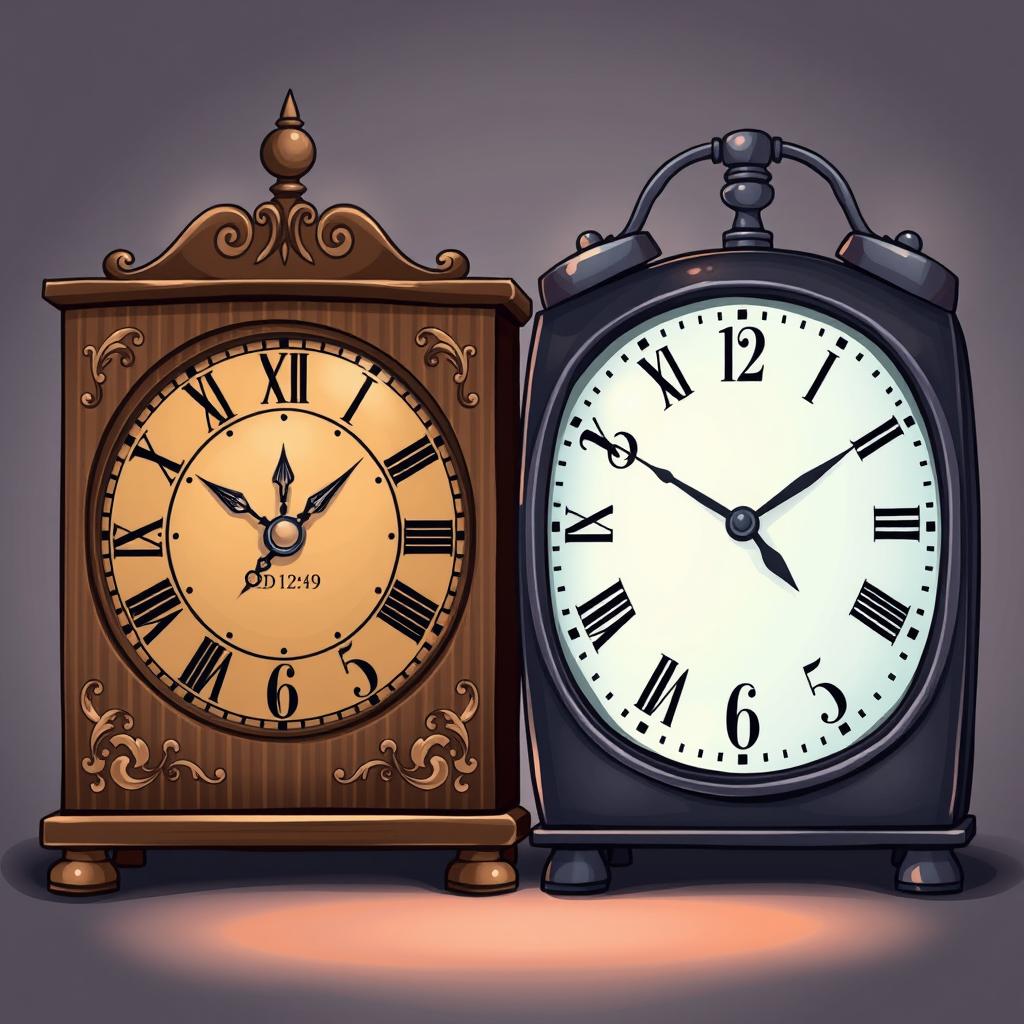 An artistic illustration featuring two vintage clocks side by side