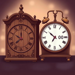 An artistic illustration featuring two vintage clocks side by side