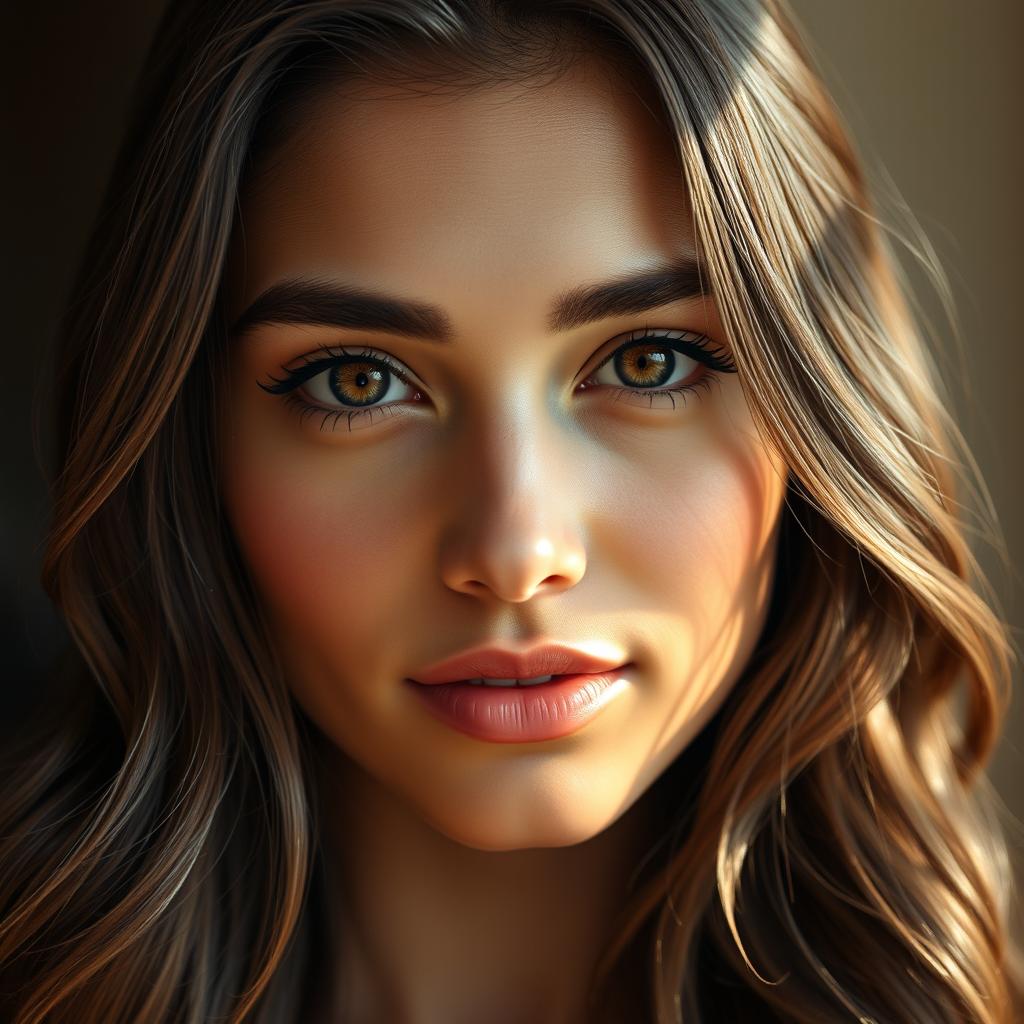 A hyper-realistic portrait of a stunning South American woman in her twenties, featuring a lightly tanned complexion and long, dark brown wavy hair that shines under soft natural light