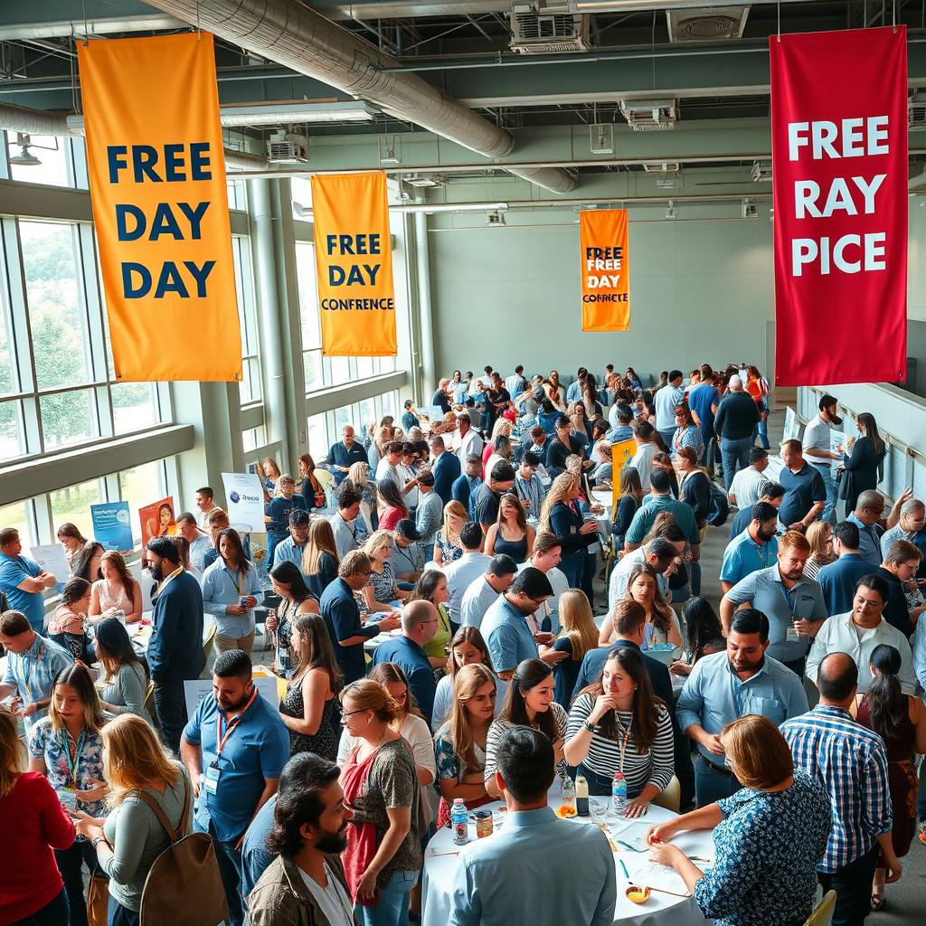 A detailed scene of a bustling free day conference, showcasing a diverse group of attendees engaging in various activities such as networking, attending workshops, and participating in panel discussions