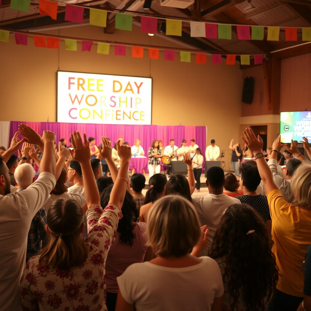 A joyous and uplifting scene from a free day worship conference, featuring a diverse group of attendees engaged in heartfelt worship and spiritual activities