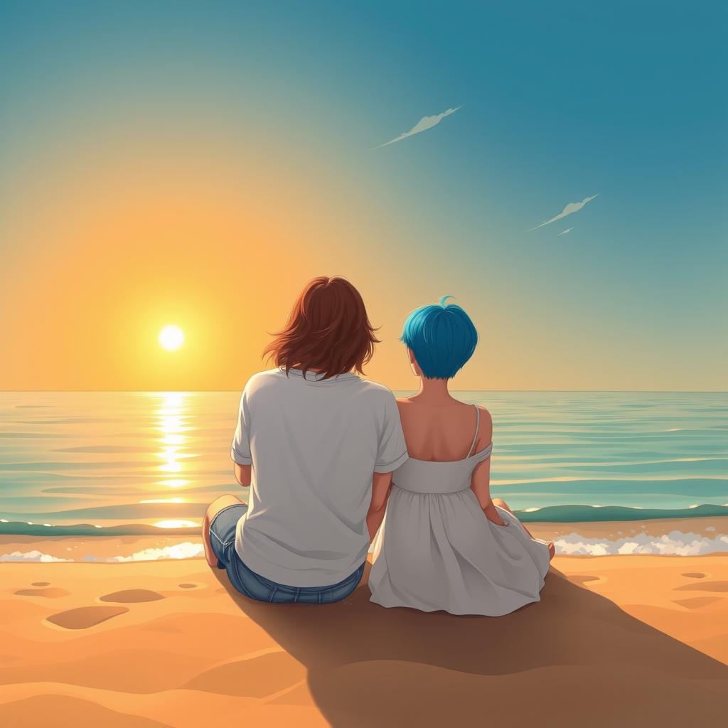 A serene scene depicting two people sitting on a sandy beach, their backs facing the viewer as they gaze at the horizon