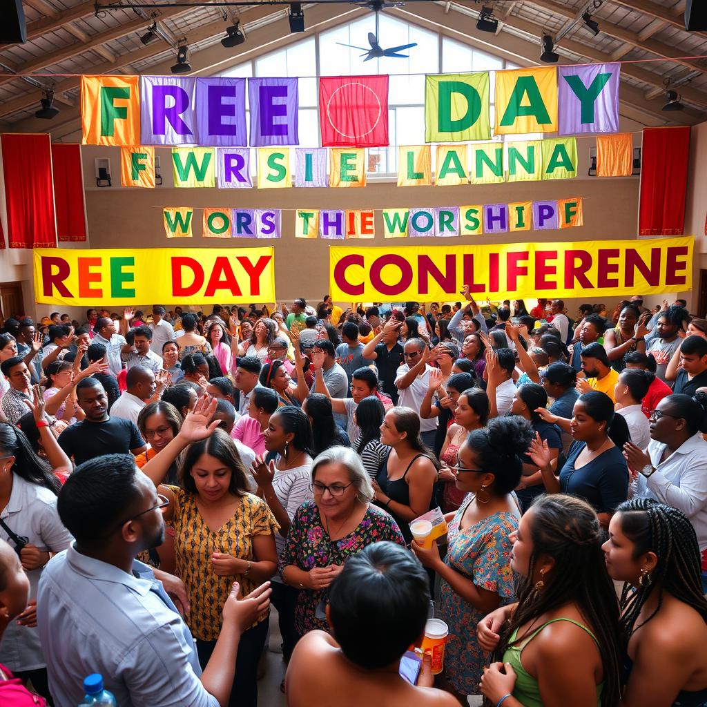 An energetic and inviting scene from a free day worship conference, heavily emphasizing the concept of 'free'