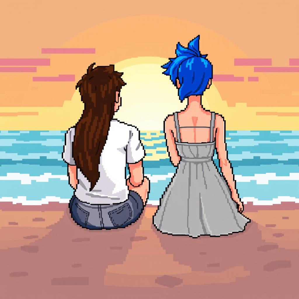 A pixel art scene depicting two characters sitting on a pixelated sandy beach, their backs facing the viewer as they look toward the horizon