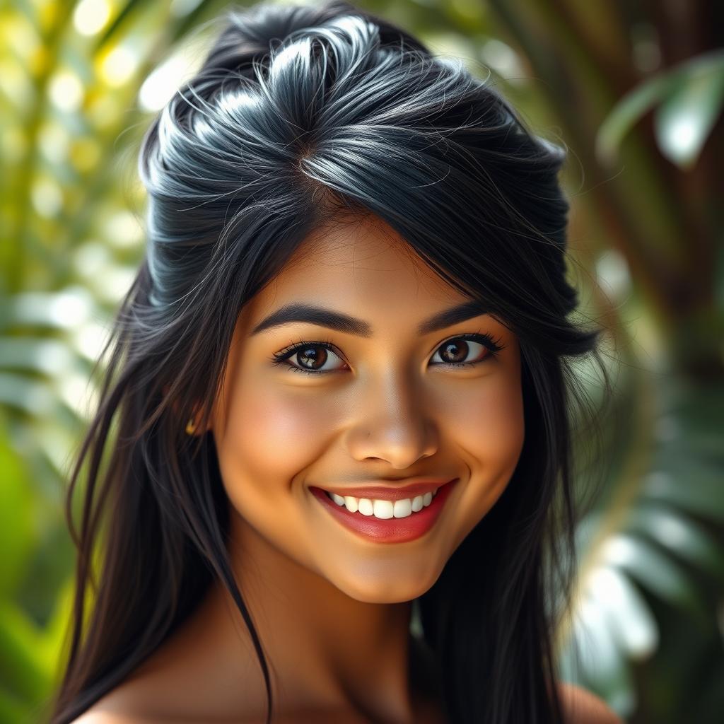A hyper realistic portrait of a young Colombian woman with long black hair styled in a messy bun