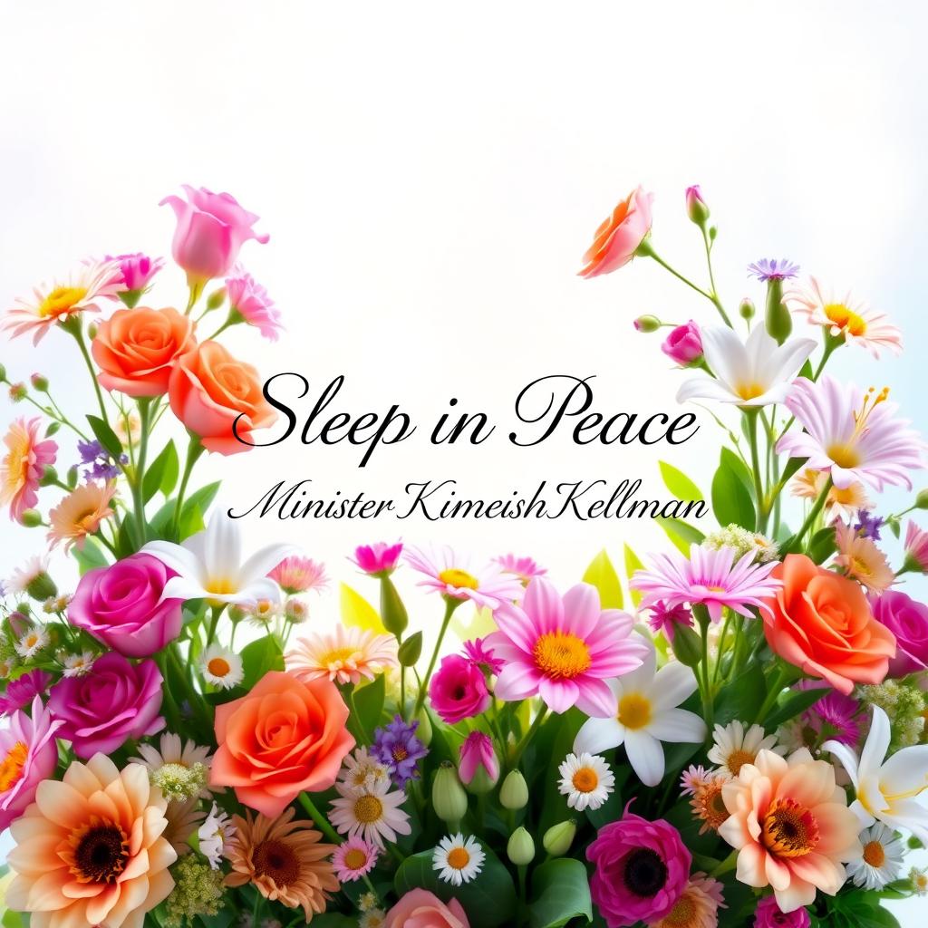 A serene and peaceful tribute image for Minister Kimeisha Kellman, featuring a lush arrangement of colorful flowers such as roses, lilies, and daisies surrounding the text 'Sleep in Peace Minister Kimeisha Kellman'