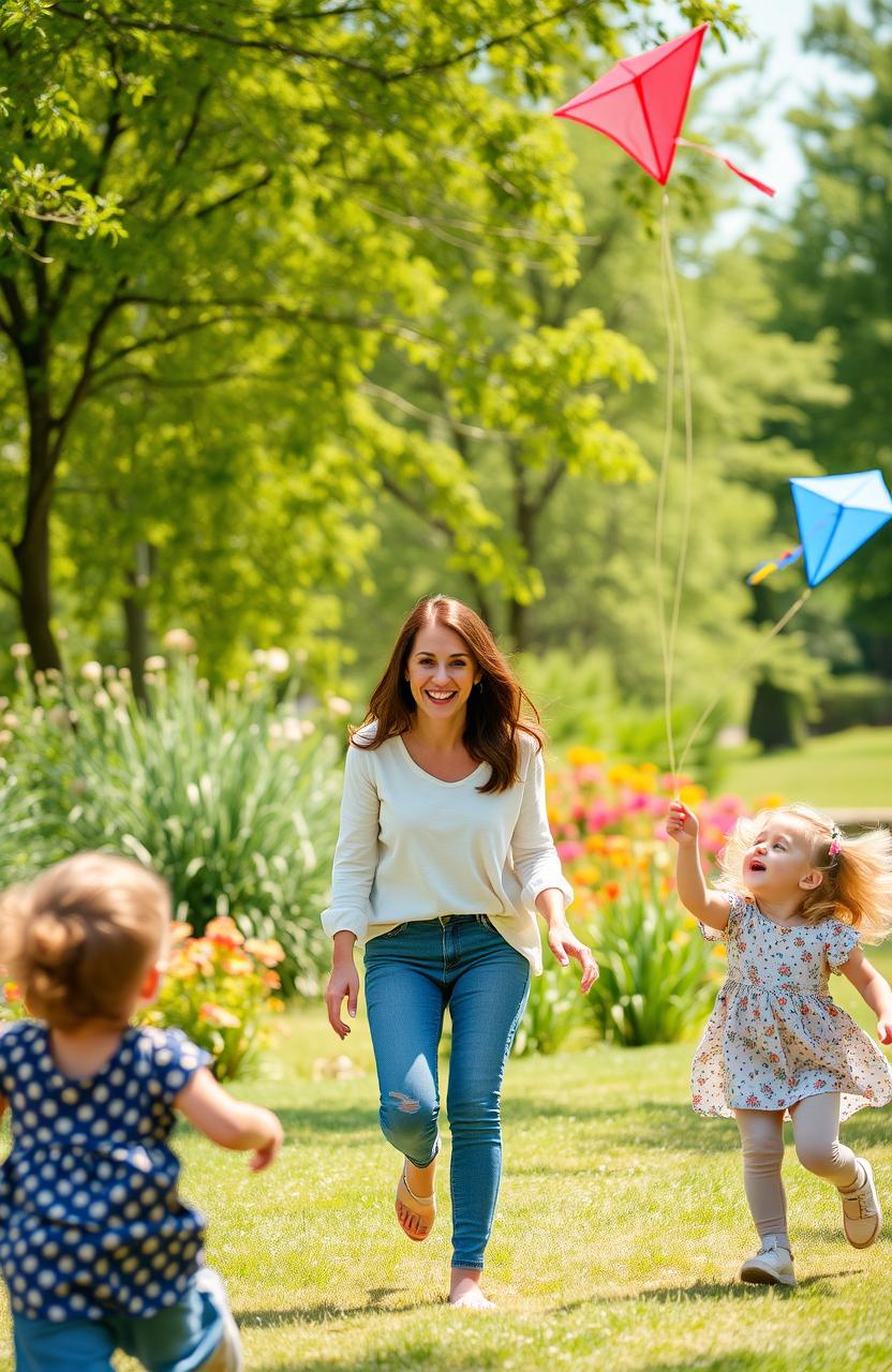 A warm, inviting scene of a mother engaging with her children in a park