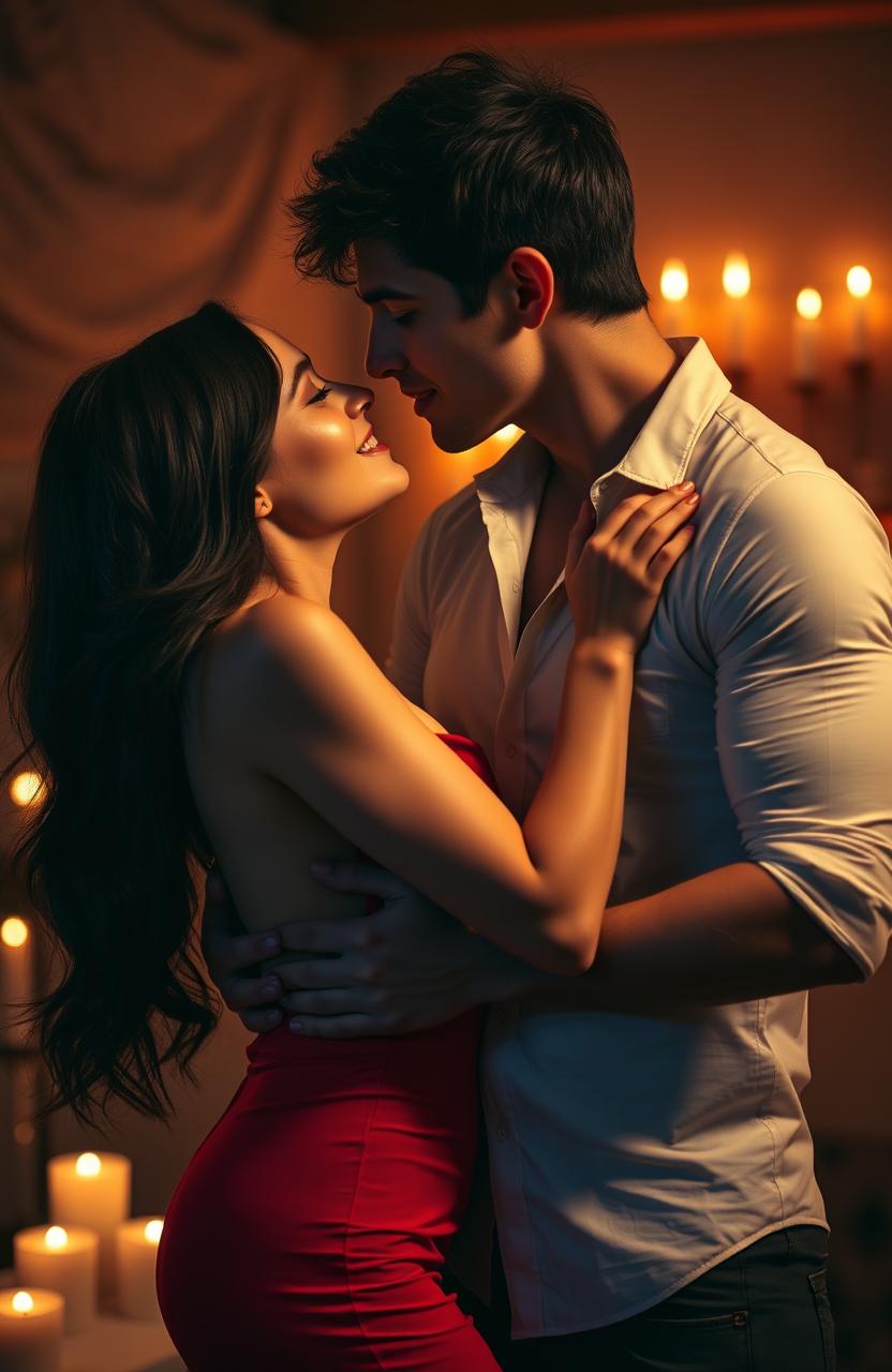 A passionate scene focusing on a steamy couple, a beautifully attractive girl and a handsome guy, locked in an intimate embrace