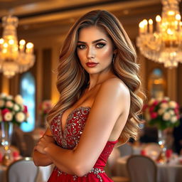 A stunning portrait of a confident and sensual woman with flowing wavy hair cascading down her shoulders, wearing an elegant evening gown that shimmers with intricate beadwork