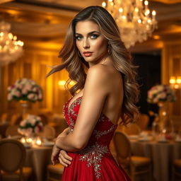 A stunning portrait of a confident and sensual woman with flowing wavy hair cascading down her shoulders, wearing an elegant evening gown that shimmers with intricate beadwork