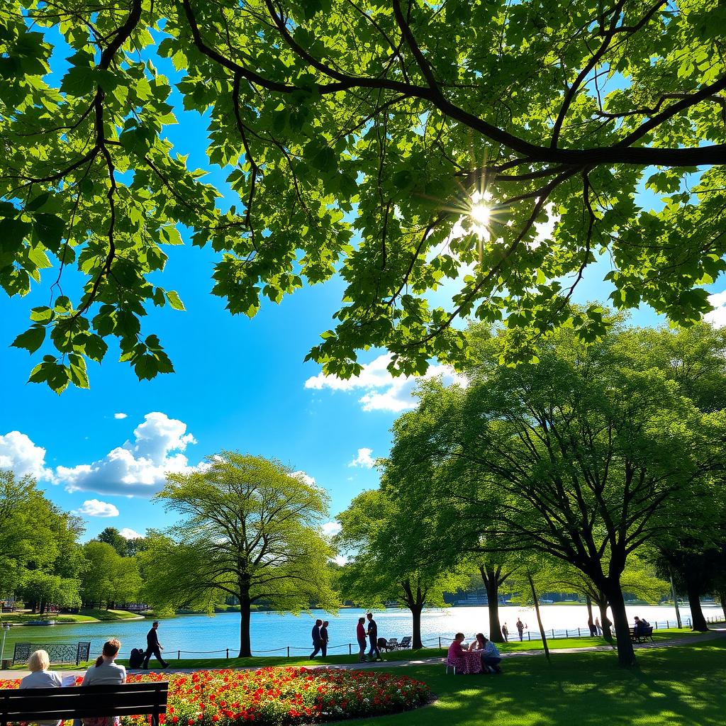 A serene landscape showcasing a peaceful, sunlit park scene on a free day