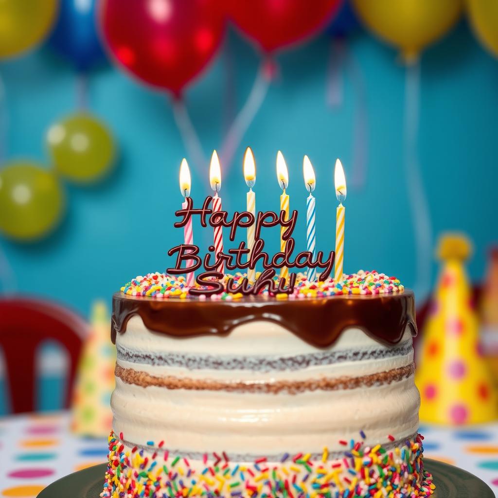 A beautifully decorated birthday cake with layers of chocolate and vanilla frosting, adorned with colorful sprinkles and candles