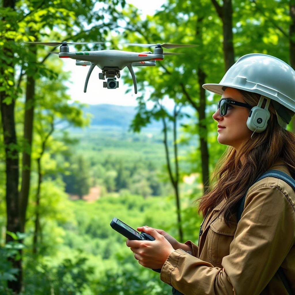 A female forest engineer operating a drone in a lush green forest