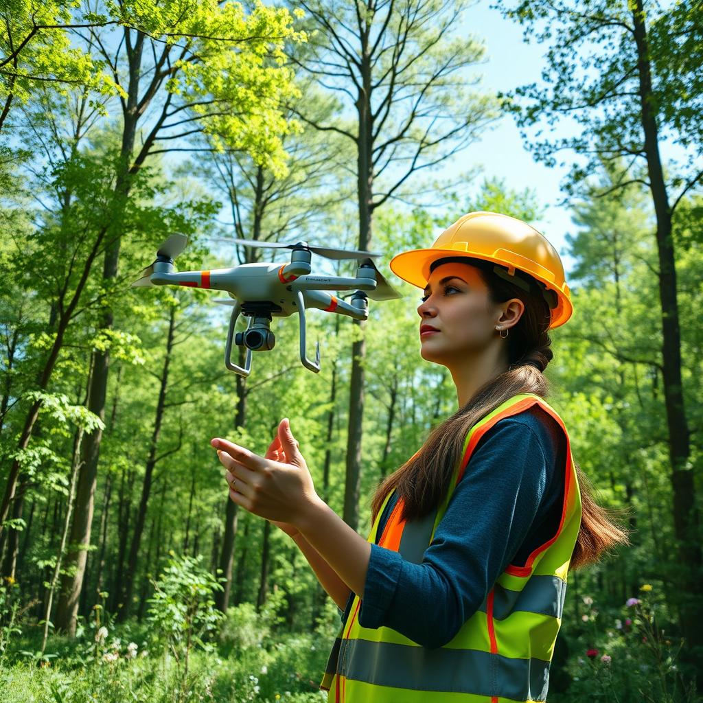 A female forestry engineer actively using a drone in a lush green forest