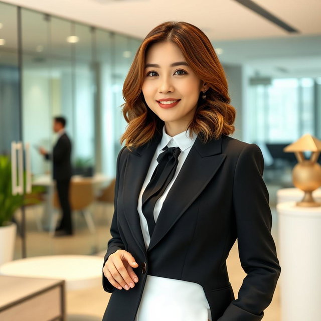 A 28-year-old Korean woman with shoulder-length wavy brown hair, dressed in a modern white and black office attire