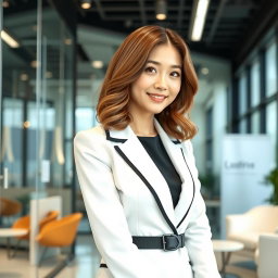 A 28-year-old Korean woman with shoulder-length wavy brown hair, dressed in a modern white and black office attire