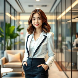 A 28-year-old Korean woman with shoulder-length wavy brown hair, dressed in a modern white and black office attire