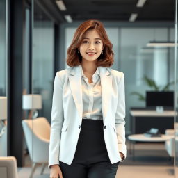 A 28-year-old Korean woman with shoulder-length wavy brown hair, dressed in a modern white and black office attire