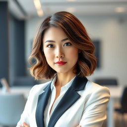 A 28-year-old Korean woman with shoulder-length wavy brown hair, wearing modern white and black office attire