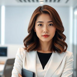 A 28-year-old Korean woman with shoulder-length wavy brown hair, wearing modern white and black office attire